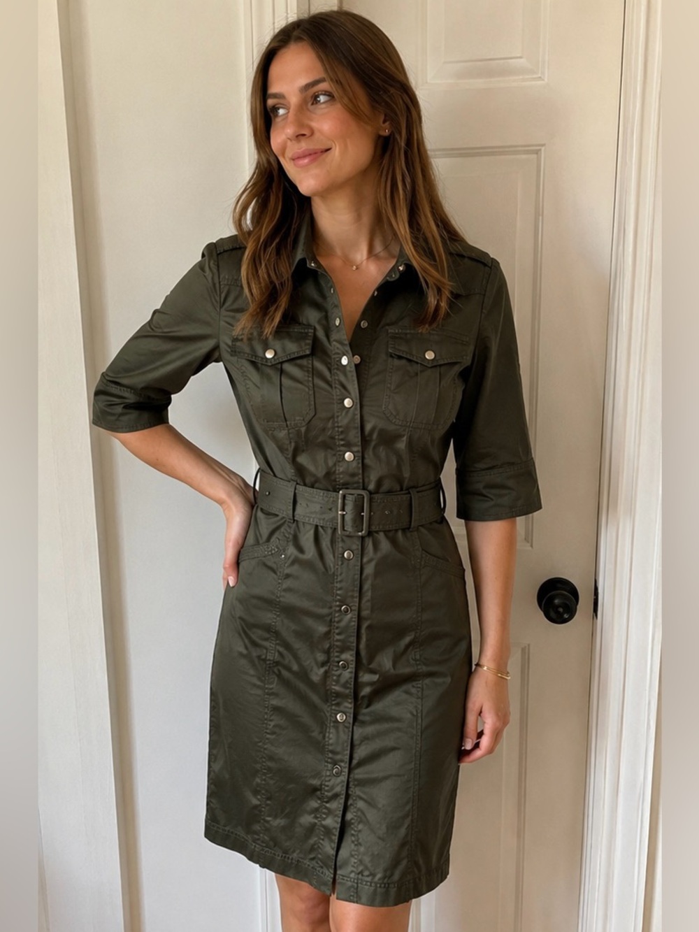 Karen Millen England Safari Shirt Dress Olive Green Size 4